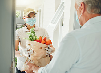 Image showing Food delivery, virus and old man in face mask during covid collecting grocery and healthy vegetables at home. Pandemic volunteer giving elderly person groceries at the front door for community work