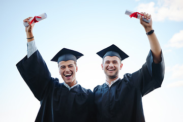 Image showing Graduate, success and students in graduation with future secured by education, knowledge and university certificate. Smile, portrait and happy men in celebration of college diploma at school academy