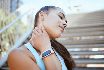 Image showing Woman, neck pain or injury in city fitness, workout or training for health, wellness or marathon exercise in Mexico. Zoom, hand or face of runner in pain from sports burnout, stress or anatomy crisis