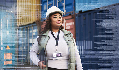 Image showing Logistics, overlay and black woman in leadership at a shipping supply chain for containers inspection at a port. Proud African female manager working with cargo or stock for worldwide distribution