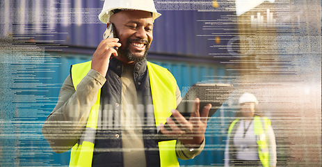 Image showing Logistics, phone and tablet with a black man supply chain worker on a call in shipping or online order industry. Futuristic, digital and cargo with a courier at work in a container yard with overlay