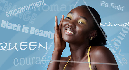 Image showing Empowerment, girl power and beauty in happy black woman. Mock up for makeup, cosmetics and beauty products on strong, independent and modern girl. Natural beauty, skincare and perfect skin on model