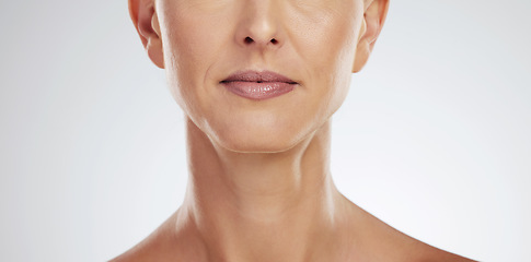 Image showing Woman, lips and mature in zoom of mouth for cosmetics, beauty and health. Model, face and skin in dermatology portrait of wellness, facial and skincare in cosmetic closeup against studio background