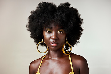 Image showing Beauty yellow makeup or black woman portrait of model with fashion, facial makeup or hair care with designer jewelry. Trendy, face cosmetics art or edgy girl from Nigeria in white background