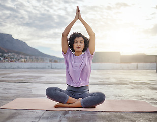 Image showing Yoga meditation, focus and woman praying for wellness, gratitude and spiritual health in the city of Peru. Girl training her mind for peace with zen exercise and outdoor workout for mental health
