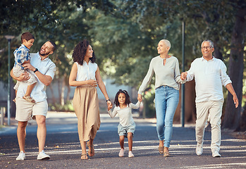 Image showing Family, happy and street walk together for health, fun and smile in New Orleans. Parents, children and grandparents walking together show love, bonding and happiness on holiday, trip or vacation