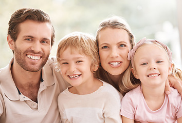 Image showing Family smile, home relax and parents with love for children in their house together. Face portrait of girl and boy sibling kids, mother and father with smile for calm, peace and happiness in Norway