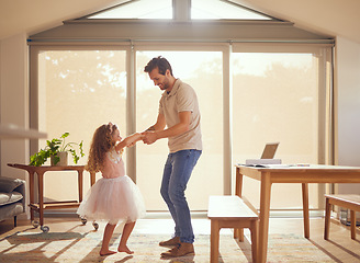 Image showing Family, dance and man with girl for ballet together in living room for event, creative or happy by window. Love, freedom and wellness with child learning with dad at home for princess, music or youth