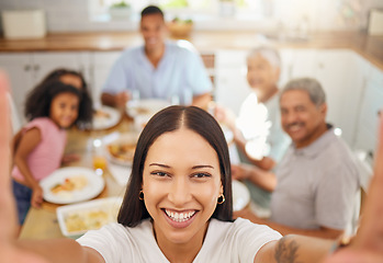 Image showing Lunch, Mexico family selfie and food in kitchen dining room table for summer reunion or quality time together. Puerto Rico mother, grandparents and children portrait photo for lunch memory