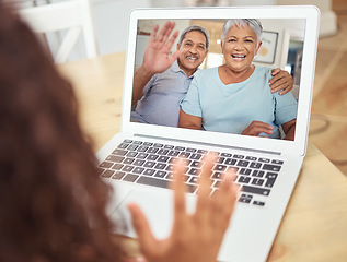 Image showing Senior couple, video call on laptop and talking to family, wave hello and home network telecom connection online. Elderly people internet virtual communication, conversation and chat screen tech app