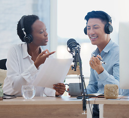 Image showing Podcast, radio interview and working digital web presenter live streaming talking to a business man. Internet voice talent, speaker and influencer speaking about office diversity on a microphone