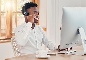 Image showing CRM business, person in customer service support and black man working from office home online computer. Telemarketing with internet, call center agent at help desk or receptionist on video call