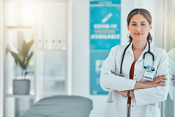 Image showing Doctor expert, medical portrait and woman consulting in medicine healthcare while working at a hospital. Proud nurse, consultant and professional worker with arms crossed at cardiology surgery clinic