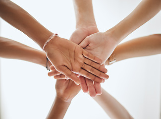 Image showing Group of hands in unity, teamwork motivation or support for partnership goal, success and collaboration achievement. Team building, community or friends with trust for vision, mission or deal