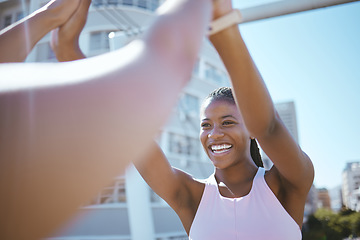 Image showing Black woman, fitness sports and high five in urban city for running success, athlete team support or marathon winner. Happy workout, excited training celebration and healthy exercise goal achievement