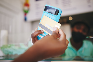 Image showing Customer hand payment using credit card, machine and 5g technology. Manager or cashier transacting with internet and nfc to tap or scan for the bill at grocery store contactless checkout point