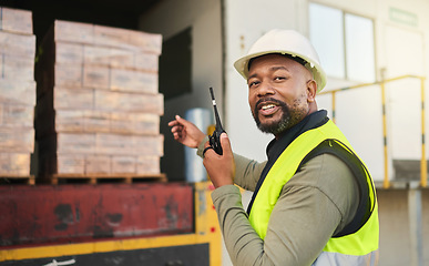 Image showing Black man, walkie talkie and logistics shipping, storage or supply chain worker. Portrait, cargo and container industry male employee with radio communication controlling import, export and delivery.