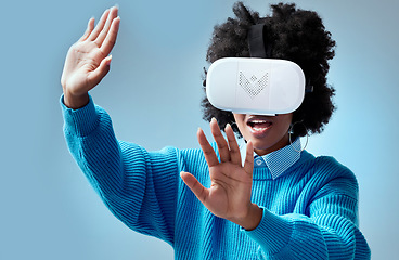 Image showing 3d virtual reality, technology and futuristic connection to internet. Black woman with vr headset, digital gadget and user experience of metaverse. Innovation, future and online game networking tech