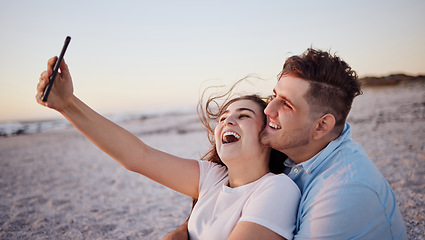 Image showing Phone selfie, love and relax couple on the beach have outdoor fun, laugh and enjoy quality bonding time together. Happy, smile and hug from romantic man and woman with smartphone in Sydney Australia