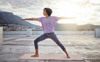 Image showing Stretching, yoga and pilates woman on roof outdoor for wellness, healthy and fitness lifestyle with sunshine lens flare. Exercise, workout and meditation sport girl training calm healing in city