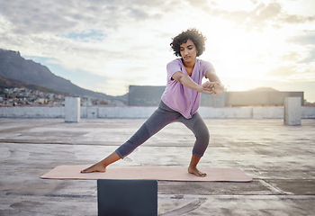 Image showing Yoga, stretching and woman on laptop on rooftop streaming training video, web yoga class or tutorial. Health, zen and female from India on tech pc, pilates or exercise, fitness and wellness workout.