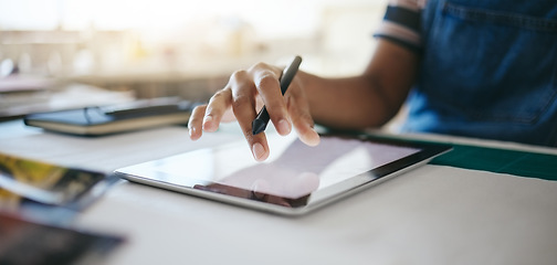 Image showing Hand, tablet and design with a woman small business owner working on the internet in her creative startup. Tech, zoom and online with a female designer or entrepreneur at work in her studio closeup