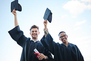 Image showing Graduation, education and students with blue sky happy with success in university, college or school study. Celebration, diversity and graduate people with diploma certificate smile over achievement