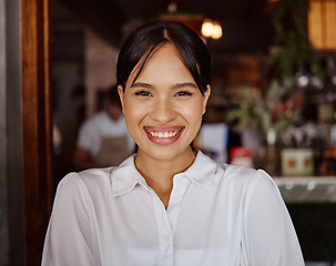 Image showing Happy, cafe owner and black woman working at a restaurant with smile for management job at a store. Face portrait of waitress, boss or worker in happiness for success at a fine dining coffee shop