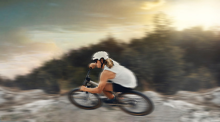 Image showing Motion blur of mountain bike man, action and bicycle speed adventure, freedom and fast race in nature course outdoors. Cycling sports athlete training, moving and dangerous momentum skills on trail