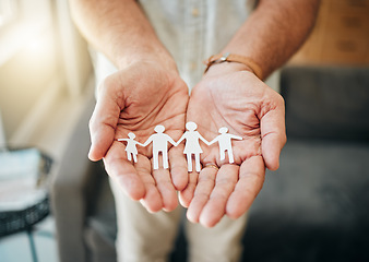 Image showing Support, care and hands with paper family for security, help or safety protection of mom, dad and children. Kindness, solidarity and palm of man with hope, trust or silhouette of big family insurance