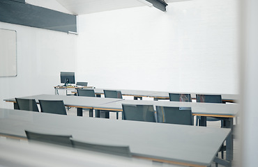 Image showing Empty conference, presentation or interior for a tradeshow class, event or marketing and sales coaching workshop. Meeting room of an educational convention, teaching or business group training space