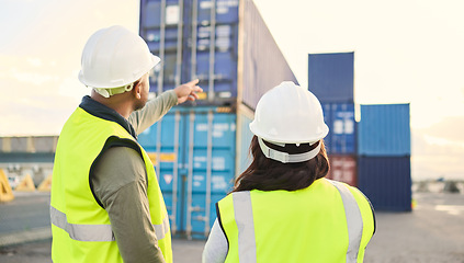 Image showing Industrial managers working on a warehouse dock to export stock, containers and packages. Teamwork, collaboration and logistics industry employees discussing shipping at an outdoor cargo freight port