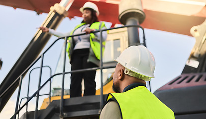 Image showing Logistics, black woman on crane and man in container shipping yard store checking truck. Industrial cargo area, African workers in safety gear working on forklift for global freight delivery company.