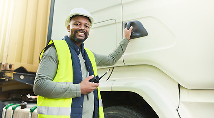 Image showing Truck driver, black man and export logistics manager working in industrial shipping yard, manufacturing industry and transport trade. Portrait, delivery truck cargo and happy distribution courier job