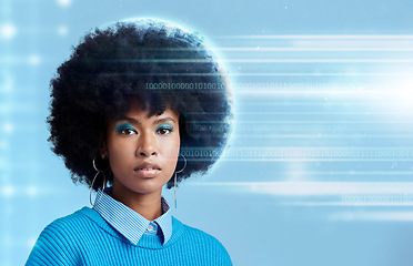 Image showing Black woman, holographic and light for digital, tech or futuristic portrait with blue background. Model, makeup and mockup for web security in studio for 3d animation for cyber, internet or data firm