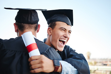 Image showing Happy, success and students hugging at graduation on university campus to celebrate achievement. Happiness, education and friends graduate embracing in celebration with diploma excited for the future