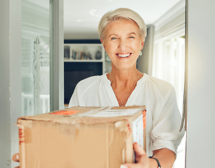 Image showing Senior customer, delivery box and courier service at front door house for e commerce, distribution and shipping. Portrait of elderly woman with cardboard package for logistics, supply chain or stock