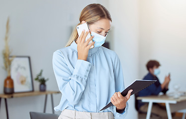 Image showing Woman, covid face mask or business phone call in marketing office, advertising startup or creative company. Worker or virus compliance employee with paper research documents for mobile b2b sales deal