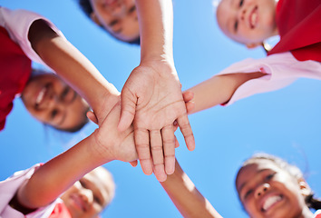 Image showing Hands, children and community with girl collaboration on environment cleaning project, happy and excited. Earth, goal and volunteer program with kids enjoying social and pollution cleanup outdoors