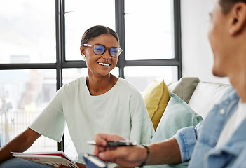 Image showing Business student, teamwork and collaboration with paper documents in school, college or Brazilian university campus. Smile, happy or laughing woman with man in learning, education and study classroom