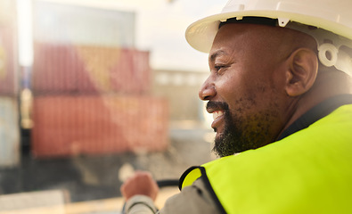 Image showing Black man, smile and work in logistics with container stack at port. Man, happy and helmet show happiness working in shipping, cargo and supply chain industry at harbour for sea trade in Cape Town