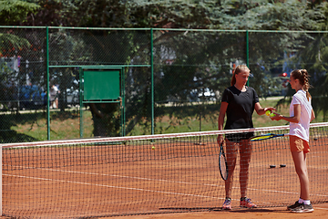Image showing Tennis players standing together on the tennis court, poised and focused, preparing for the start of their match