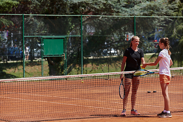 Image showing Tennis players standing together on the tennis court, poised and focused, preparing for the start of their match