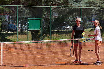 Image showing Tennis players standing together on the tennis court, poised and focused, preparing for the start of their match