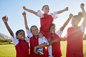 Image showing Girl soccer competition winner, football success celebration and celebrate victory together with team spirit. Fitness training, teamwork and motivation let children sport athlete win competitive game