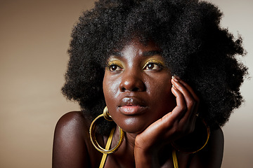 Image showing Black woman, makeup and afro thinking of idea with hair, beauty and fashion against brown backdrop. Model, skin and cosmetics contemplating dream, future and life against neutral studio background