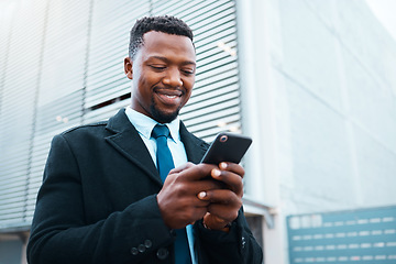 Image showing Phone, happy black man and business in city, street or outdoors on social media, web browsing or text message. Employee, entrepreneur and male in Nigeria internet surfing or research on 5g mobile app