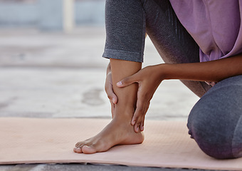 Image showing Foot, pain and woman with accident during fitness training in the city of Peru. Girl, athlete or person with muscle medical emergency while doing exercise, workout or wellness yoga in a park