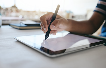 Image showing Digital tablet, designer hands writing with pen for design planning, creative animation or advertising project on desk in studio. Tech, notepad or web designer working with electronic pen, UX or web