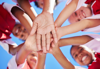 Image showing Team, children and soccer athlete hands together to show sport community, support and success. Fitness, football and exercise training proud hand sign of friends and players ready for teamwork